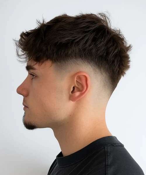 Side profile of a man with a textured wavy top and high skin fade.