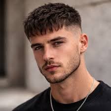 Young man featuring a textured crop hairstyle with faded sides and light facial stubble.