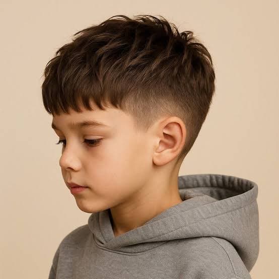 Young boy with a textured brown crop haircut and faded sides wearing a grey hoodie.